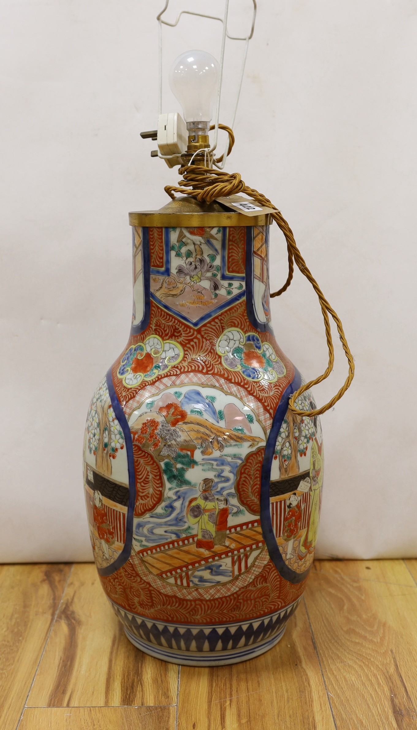 A Japanese Kutani vase, painted with figures (cut down and fitted as a table lamp), total height 57cm